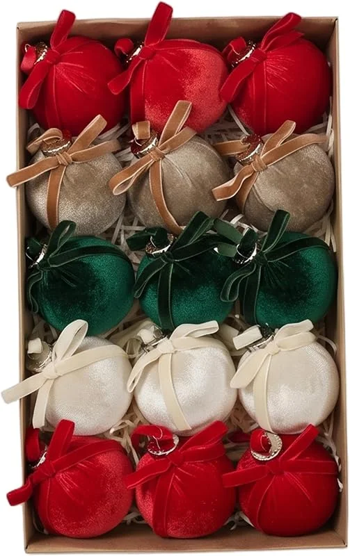 Marke: Faticenic 15-teiliges Weihnachtsbaumschmuck-Set, Samt-Weihnachtsschmuck, bruchsichere Vintage-Kugeln mit Schleife für Weihnachtsdekoration, Stil 2