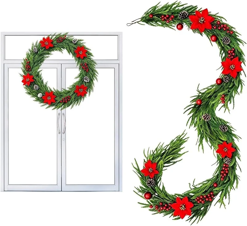 Marke: Generisch Weihnachtskranz mit Weihnachtsstern 1, 5 m Realistische Künstliche Blumen — Weihnachtsdeko