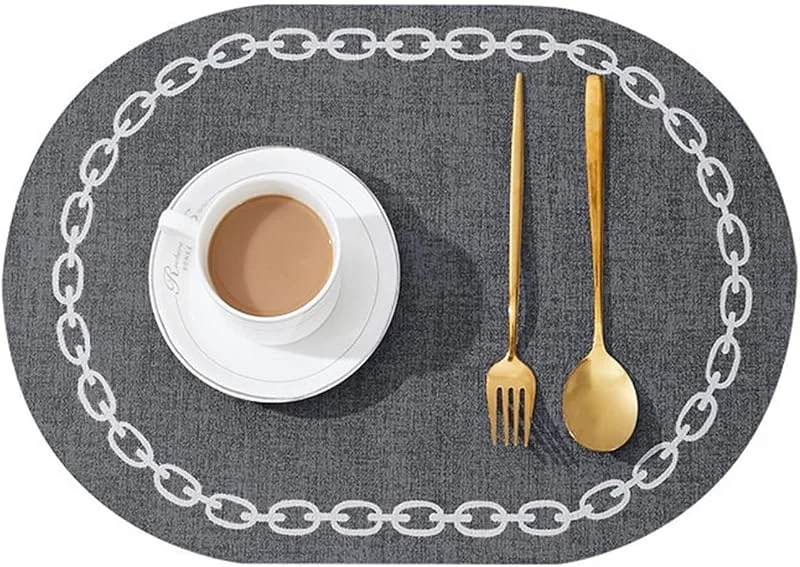 Besuche den Epinki-Store Epinki 2Pcs Set Tischsets Abwaschbar Und rutschfest Oval 30x44CM, PU Leder Platzdeckchen Natur Kette Muster Anti-Rutsch, Tischmatte Modern Dunkelgrau für Esstisch, Antifouling — Küche & Haushalt