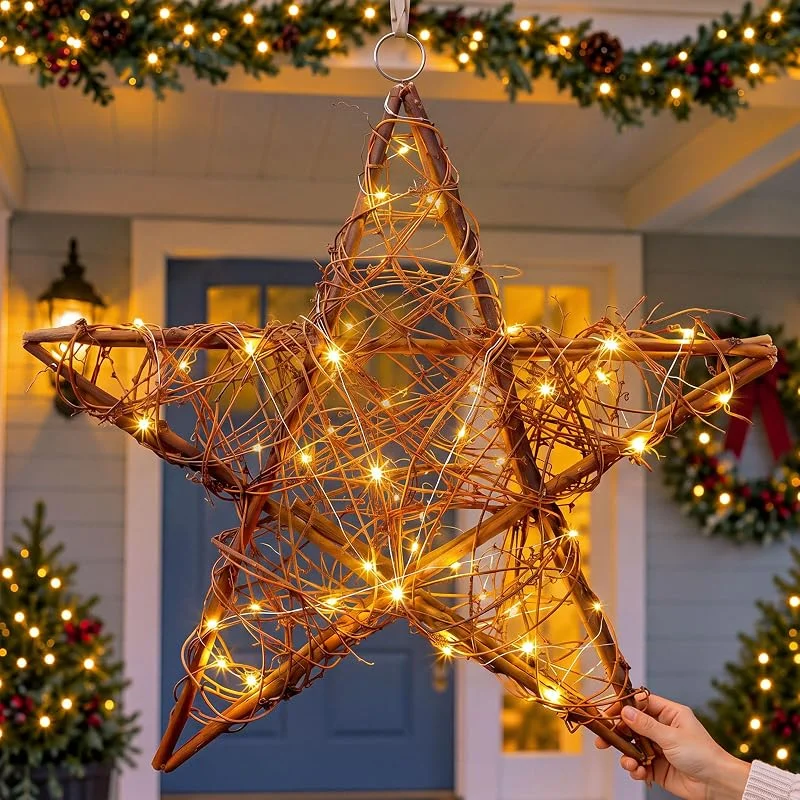 Marke: Retisee Retisee Rustikale Rattan-Stern-Fensterlichter, 61 cm, extra groß, Weihnachtsstern-Fensterlichter, batteriebetrieben, Rattan, natürliche Weihnachtsbaumdekoration, Hängelampe für Tür, Veranda, Zuhause — Weihnachtsdeko