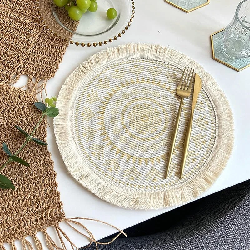 Besuche den Epinki-Store Epinki Tischset Weihnachten Abwischbar Rund, 2er Set Polyester Baumwolle Platzdeckchen Deko Böhmen Anti-Rutsch, Tischmatten Set Abwaschbar Beige Gelb für Küche Hause Restaurant, 33CM — Küche & Haushalt