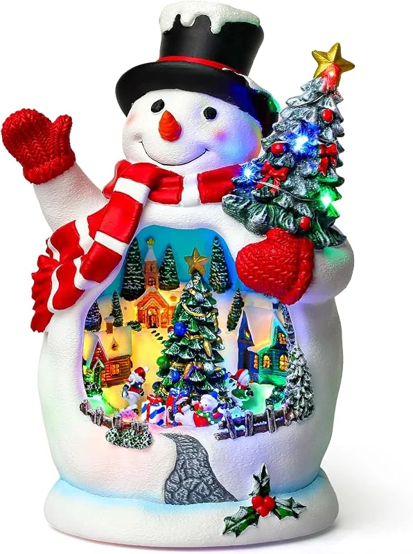 Marke: Priddop Priddop Weihnachtsdorf-Szene, Weihnachtsdekorationen für Zuhause, Geschenke, beleuchtete Musik, USB, Batterie, Sammlerstück, Gebäude, Figuren (Schneemann)