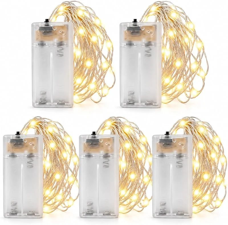 Besuche den Vanorell-Store 5 x 20 LED Lichterketten mit Timer, Silberdraht Warmweiß, 5er-Set à 105 cm, batteriebetrieben, biegsame Micro-Lichterketten für Tischdeko, Hochzeit und Weihnachten — Weihnachtsbeleuchtung
