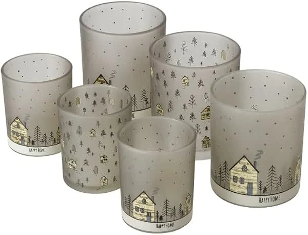 Marke: RiloStore 6 STK Windlichter Glas Häuser Homewood Winterdeko Weihnachtsdeko b248 Haus Happy Home Teelichthalter Kerzenhalter Weihnachtswichtel braun grau matt Winter H10cm und 8cm — Kerzenlicht Abendessen