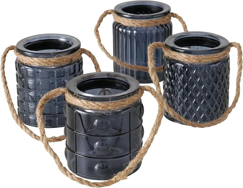Besuche den Seaside No.64-Store 4 TLG. Windlicht-Set aus Glas – mit Kordel zum Aufhängen – dunkelgrau — Kerzenlicht Abendessen