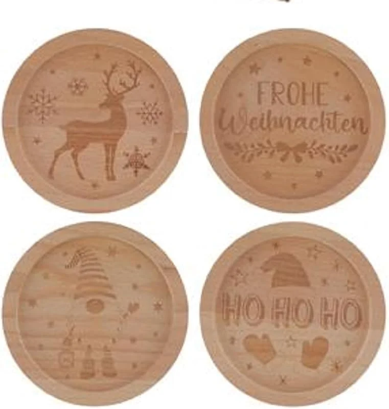 Besuche den Cepewa-Store Cepewa - 53589 - Untersetzer aus Buchenholz - gelasert -, 4er Set, Durchmesser: 11, 5cm, mit weihnachtlichen Motiven, Innendurchmesser 10cm, Höhe 1, 5cm — Advent und Tisch