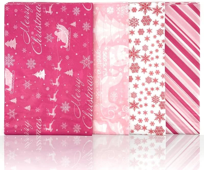 Marke: Fassory Fassory 60 Blatt 70 cm x 50 cm Seidenpapier zum Verpacken von Geschenken mit 20 Stück Weihnachtsaufklebern, rosa Weihnachts-Seidenpapier in 4 Mustern, Weihnachts-Geschenkpapierbögen (Rosa) — Geschenkverpackung