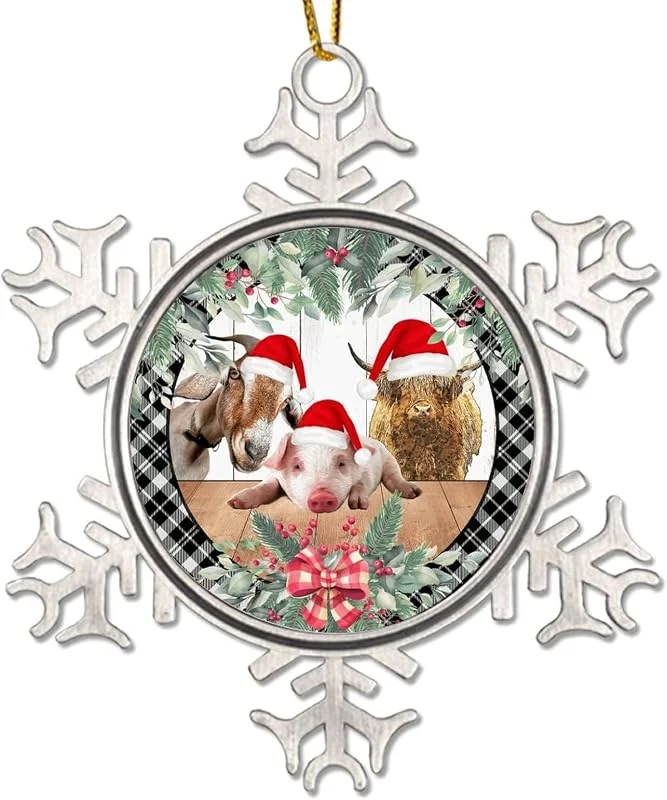 Marke: CowkissSign Metall-Ornament für Weihnachtsbaum-Dekoration, grau schwarz kariert, Weihnachtskranz, Metall-Schneeflocken-Ornamente, Weihnachtsgeschenk, Bauernhof, Tier, Kuh, Schwein, Weihnachtsbaum, Andenken — Weihnachtsdeko