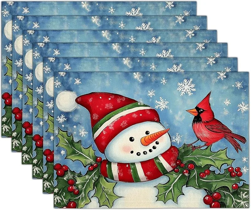 Marke: GDJSMIN 2er Set Platzset Weihnachten Tischset Blau Weihnachten Leinen Platzdeckchen 30x45cm Winterliche Schneeszene Tischsets mit Niedliches Schneemann-Muster Mit Rotem Kardinal Weihnachtsdeko — Küche & Haushalt