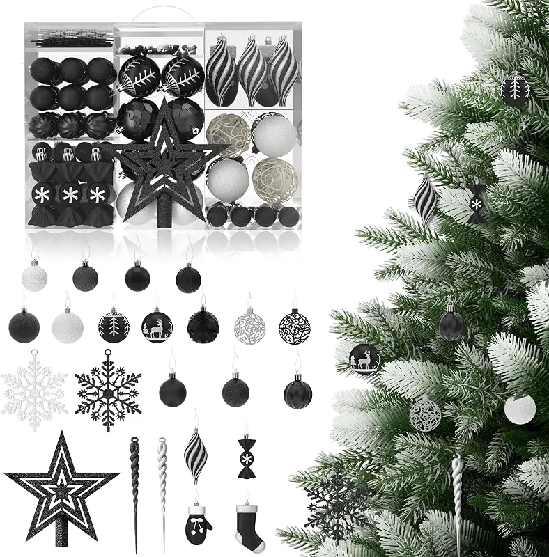 Besuche den ACXIN-Store ACXIN 138er Set Weihnachtskugeln aus Kunststoff, Bruchsicher, Glänzend und Matt Christbaumkugeln, Weihnachtsbaumkugeln Baumschmuck Weihnachten für Festliche Dekoration, Schwarz — Weihnachtsdeko