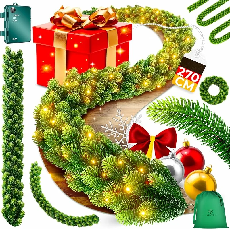 Besuche den KESSER-Store KESSER® Weihnachtsgirlande 2, 7m lang dicht – Naturgetreues Tannengrün - wie echt - IP 44 Outdoor & Indoor Girlande - Treppen, Tür, Balkon, Weihnachtsdeko beleuchtet + Tasche, Tannengrün