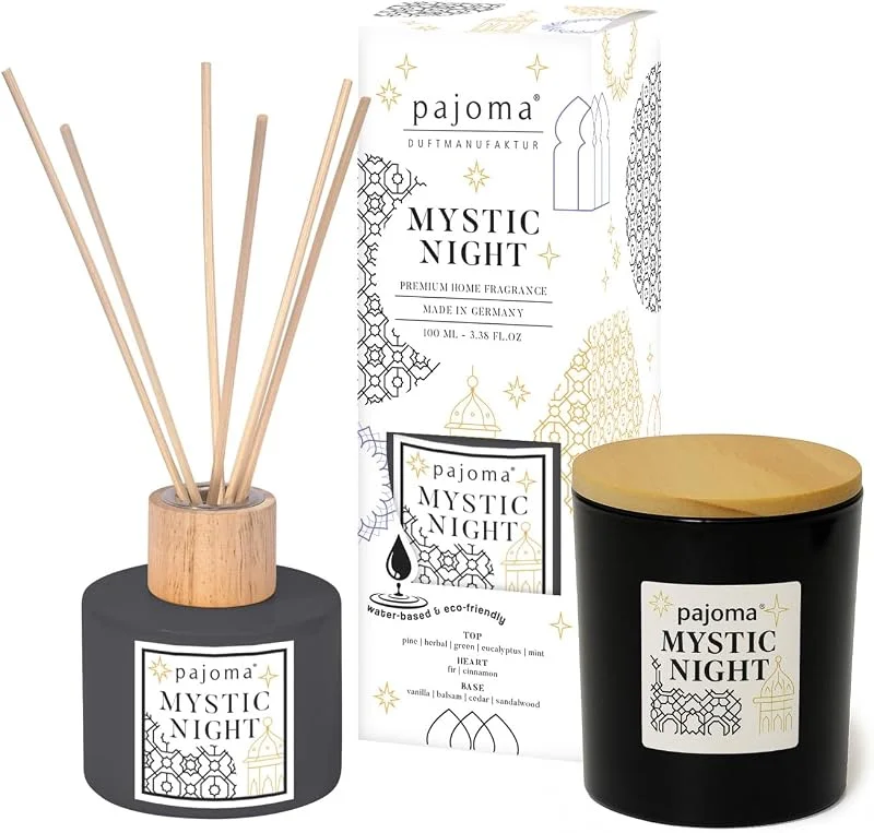 Besuche den pajoma-Store pajoma® Raumduft & Duftkerze Set Mystic Night Raumduft Diffuser 100 ml & Kerze 140 g im Glas mit Holzdeckel, Duftset mit Eukalyptus, Minze & Sandelholz, Elegante Geschenkidee & Luxus-Deko — Kerzenlicht Abendessen