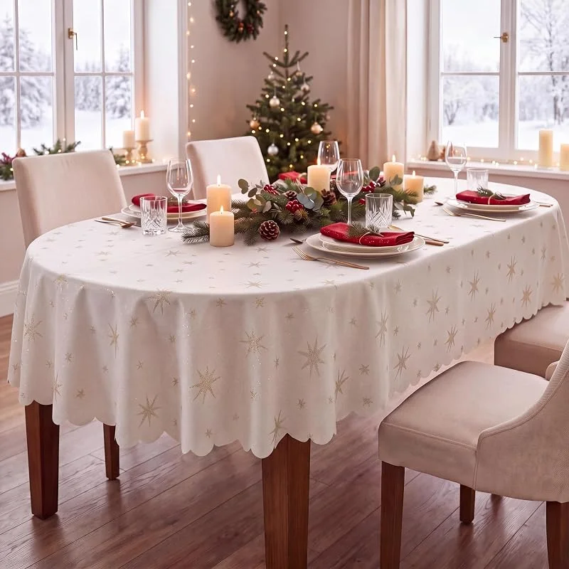 Besuche den Schwar Textilien-Store Weihnachtstischdecke 160x220 cm Champagner mit Sternen & Lurex - waschbar — Küche & Haushalt