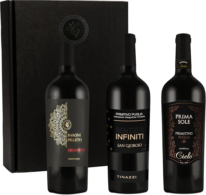 Besuche den FABELHAFTE GESCHENKE-Store Geschenkset Primitivo, 3 hochwertige italienische Rotweine aus Apulien, Weingeschenk für Männer & Frauen, Weinliebhaber — Wein und Festtafel