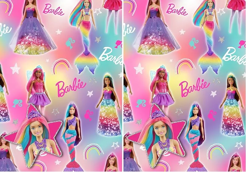 Marke: Danilo Promotions LTD Barbie Geschenkpapier und Anhänger - Danilo Promotions LTD - Geschenkpapier - 2 Blätter, 50cm x 70cm, Pink and White, Barbie-Puppe - Geburtstag, Weihnachten (Packung mit 2) — Geschenkverpackung
