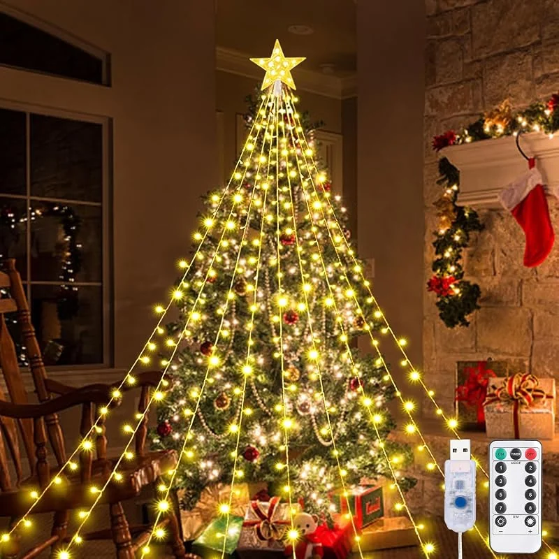 Marke: Aofonchy Lichterkette Weihnachtsbaum, 2M x 9 Stränge 198 LED USB Lichterkette mit Stern, Wasserdichte Weihnachtsbeleuchtung mit 8 Leuchtmodi & Fernbedienung für Weihnachtsbaum Dekoration