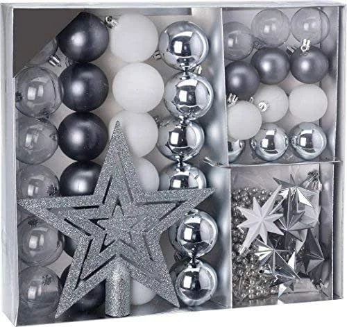 Besuche den Spetebo-Store Weihnachtsbaumschmuck Set - 45 teilig in Silbertönen (Silber, Schwarz, Weiß etc.) - 36 Kugeln, Weihnachtsbumspitze, Dekosterne und Kette — Weihnachtsdeko