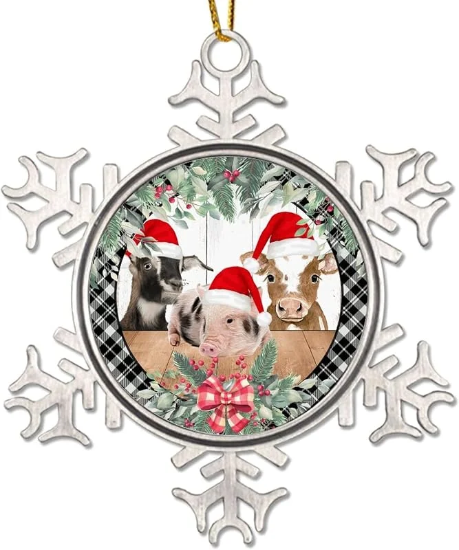 Marke: CowkissSign Weihnachtsbaum, Tier, Kuh, Schwein, Weihnachtsschmuck, 7, 6 cm, Schneeflocke, Metall, Ornamente, Hängeanhänger für Weihnachtsbaum, Grau, Schwarz kariert, Weihnachtskranz, Weihnachtsdekoration