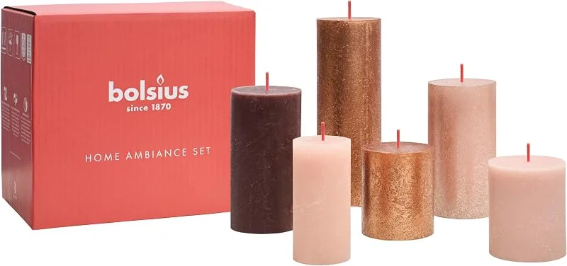 Besuche den bolsius-Store Bolsius Rustik Stumpenkerzen - Geschenk Set 6 Stück - Cosy Coppers - Dekorative Haushaltkerzen - Länge Brenndauer - Unparfümierte - Natürliches Pflanzenwachs - Ohne Palmöl — Advent und Tisch