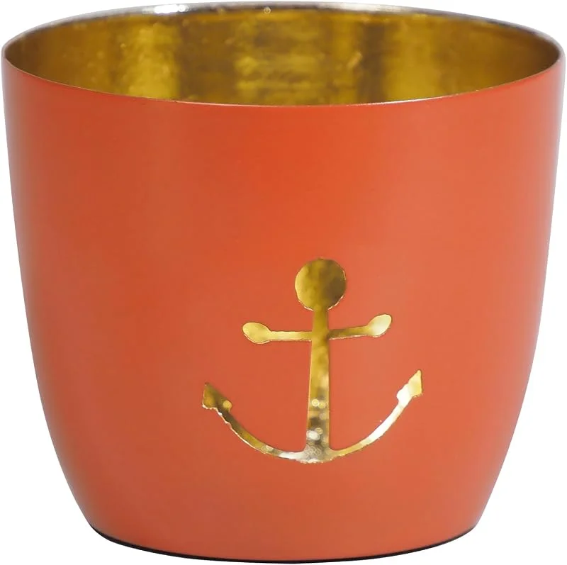 Besuche den Seaside No.64-Store Maritimes Windlicht Baltic – Metall mit Motiv – Anker, orange, Gold — Kerzenlicht Abendessen