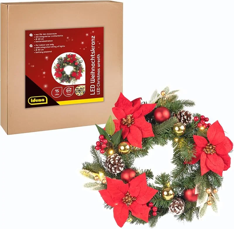 Besuche den Idena-Store Idena 31902 - LED Weihnachtskranz mit 15 LED in Warmweiß, ca. 40 cm, Adventskranz mit Schmuck in Rot-Gold, Weihnachtsdeko für Innen, batteriebetrieben mit Timer — Advent und Tisch