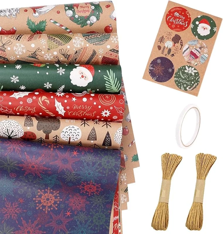 Marke: Generisch Weihnachts-Geschenkpapier, 6 Rollen, 70 x 50 cm, mit Klebeband und Schleife — Geschenkverpackung