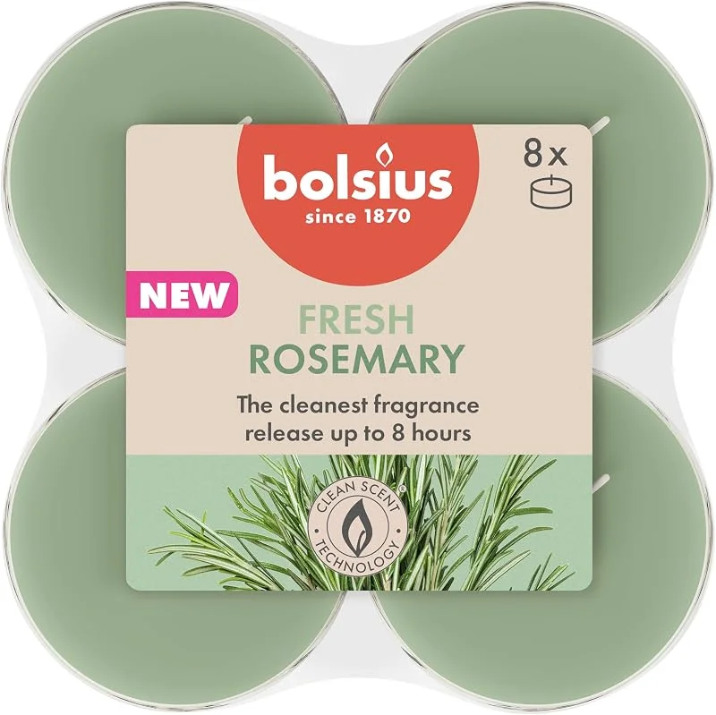 Besuche den bolsius-Store Bolsius - Rosemary - Maxi Duft Theelichter - 8 Stück - Brenndauer von 8 Stunden - Natürliche Extrakte – Enthält Veganes Wachs – Ohne Palmöl — Kerzenlicht Abendessen