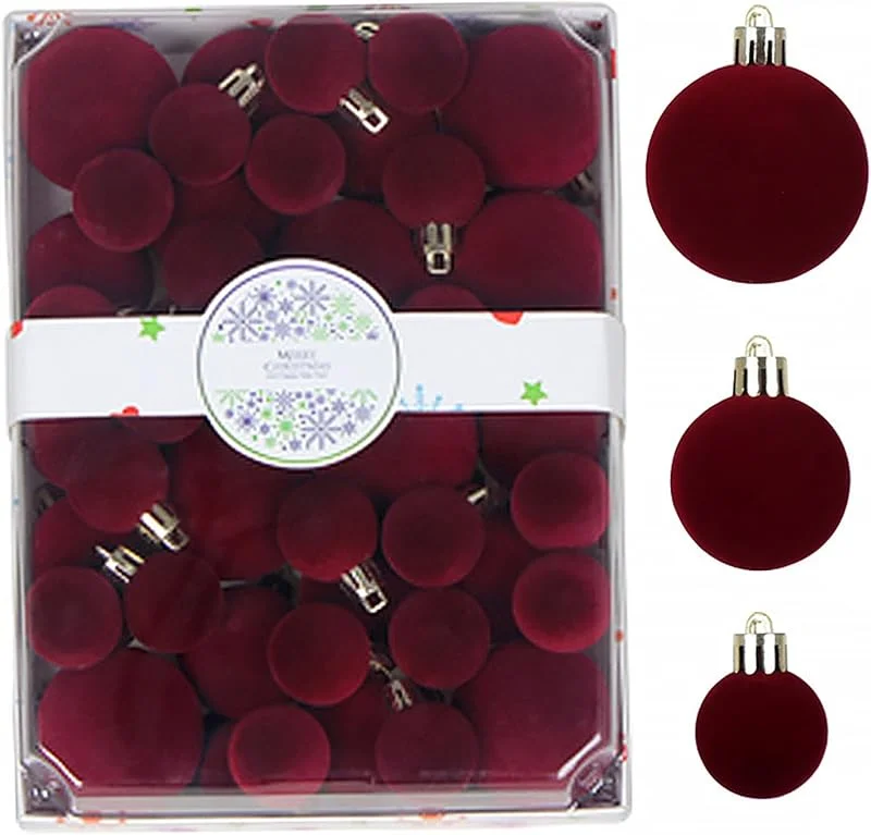 Marke: Pesoncarl Weihnachtskugeln-Ornamente, 42-teiliges beflocktes Weihnachtsbaumschmuck-Set, bruchsichere Hängedekorationen für Feiertage, Partys, 3 Größen, Burgunderrot — Weihnachtsdeko