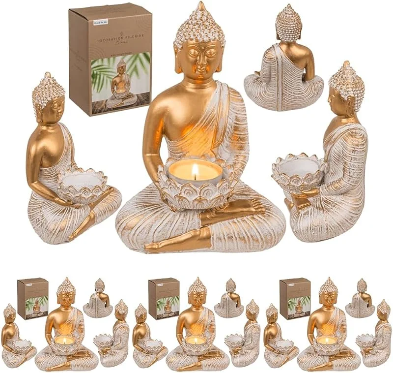 Marke: Out of the blue Out of the blue Deko-Figur, Buddha, mit Teelichthalter, ca. 13, 5 x 9 x 19, 5 cm, aus Polyresin, in Geschenkverpackung, Golden (Packung mit 4) — Kerzenlicht Abendessen
