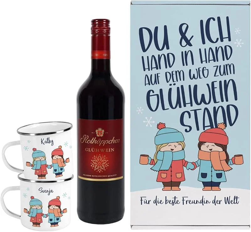 Besuche den Herz & Heim-Store Herz & Heim® Rotkäppchen Glühwein 0, 75l Geschenkset mit 2 Emaillebechern, Freundinnen-Geschenk zu Weihnachten — Geschenkverpackung