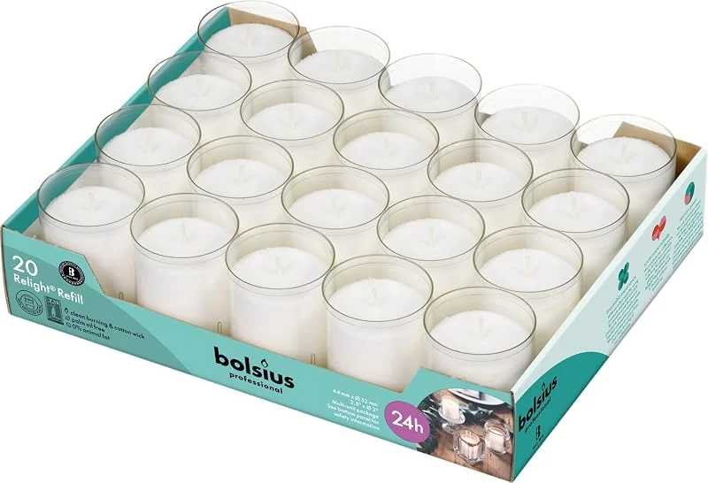 Besuche den bolsius-Store Bolsius Professional - Relight Nachfüller – transparent - Brenndauer: 24 Stunden – Tray 20 Stück — Kerzenlicht Abendessen