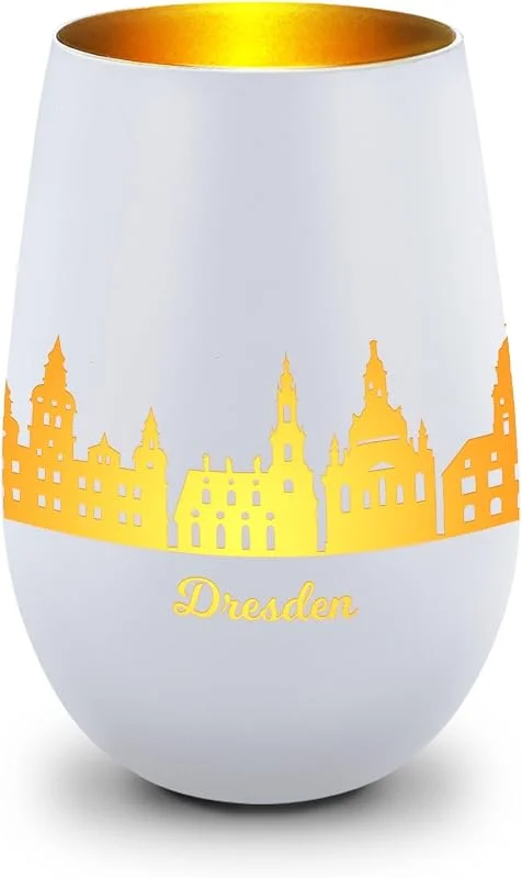 Besuche den GRAVURZEILE-Store GRAVURZEILE Deko Windlicht aus Glas mit Gravur - Skyline Dresden - Hochwertige 360° Lasergravur - Dekoratives Geschenk als Andenken, Souvenir oder für Sammler zum Geburtstag - Farbe: Weiß, Gold — Advent und Tisch