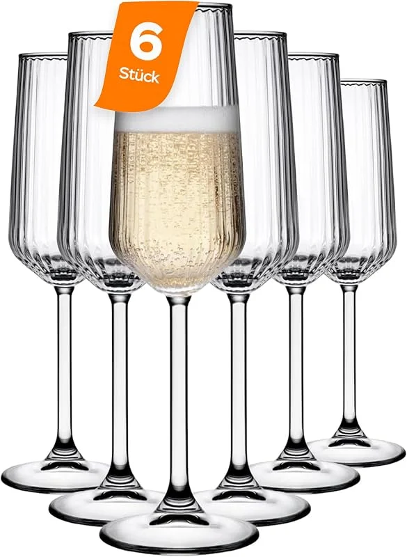 Besuche den NORDIC SCHILLER-Store NORDIC SCHILLER Focus Champagnergläser 195 ml 6 Teilig – Stilvolle Sektflöten mit Geriffeltem Design aus Klarglas – Elegante Flötenform Gläser für Prosecco, Champagner, Hochzeiten, Feiern & Dinner — Wein und Festtafel