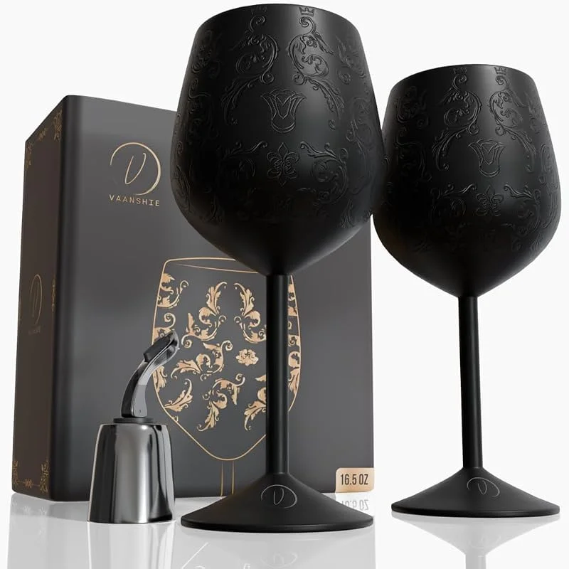 Marke: vaanshie Weingläser aus Edelstahl, 480 ml, 2 Stück, geätzt, matt schwarz beschichtet, königliche Kelche mit aufwendigen Barockgravuren, unzerbrechliche Tassen (BlackMatte_Wine) — Wein und Festtafel