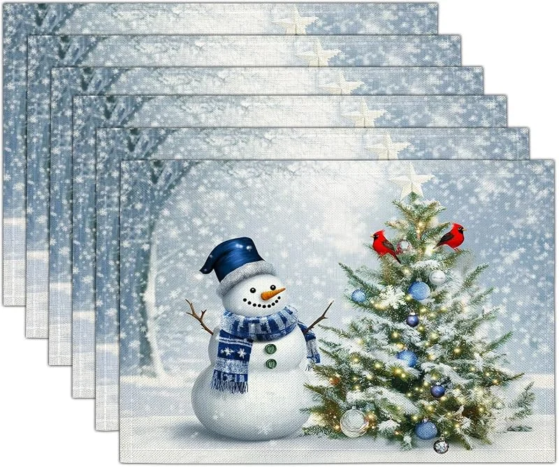 Marke: GDJSMIN 2er Set Platzset Weihnachten Tischset Marineblau Weihnachten Leinen Platzdeckchen 30x45cm Winterliche Schneeszene Tischsets mit Weihnachtsbaum-Schal-Schneemann-Design Weihnachtsdeko — Küche & Haushalt