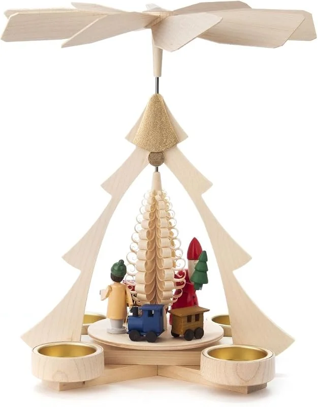 Marke: DREGENO DREGENO Seiffen Pyramide mit Bescherung für Teelichter, Holz, Natur, 21 x 22.5 x 26 cm — Weihnachtsdeko