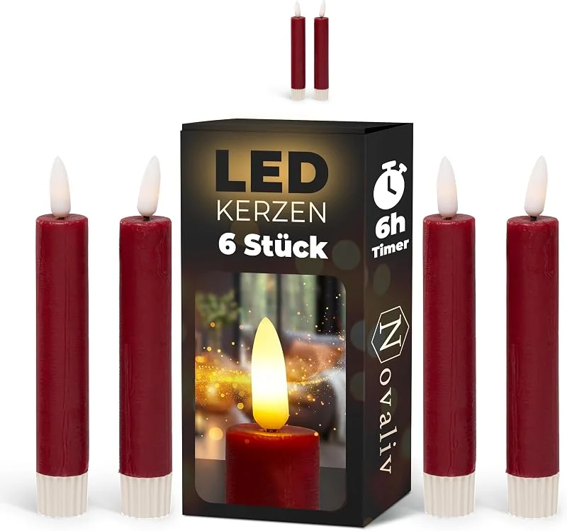 Besuche den Novaliv-Store Novaliv Stabkerzen LED mit Timer ROT 6 Stück Indoor 6 Stunden ECHTWACHS 15cm Höhe für Kerzen 2, 2cm Durchmesser 2 AAA Batterien notwendig LED Stabkerzen 4er Set 2X bewegliche Flamme Licht — Advent und Tisch