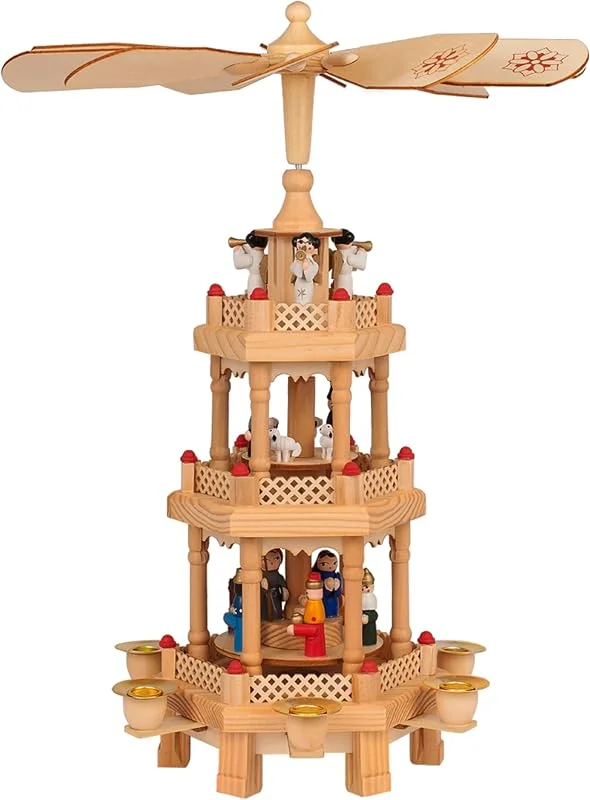 Besuche den Monzana-Store Spielwerk® Weihnachtspyramide 3-stöckig Drehbar Echtholz Handbemalt Indoor Weihnachtsdekoration Weihnachten Holzpyramide