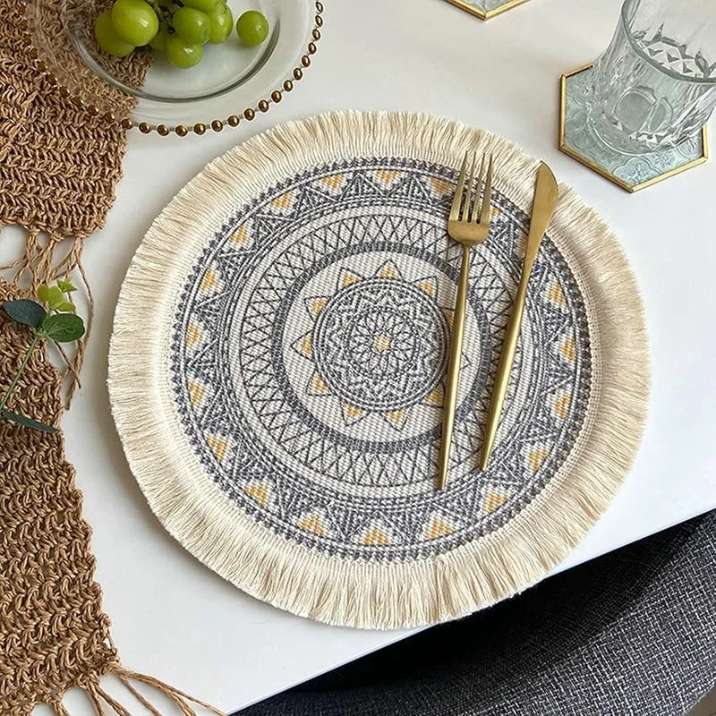 Besuche den Epinki-Store Epinki Tischsets Abwaschbar Motiv Rund, 2Pcs Set Polyester Baumwolle Platzset Boho Abwaschbar Böhmen, Tischuntersetzer Natur Beige Grau Gelb für Hause Küche Restaurant und Hotel, 33CM — Küche & Haushalt
