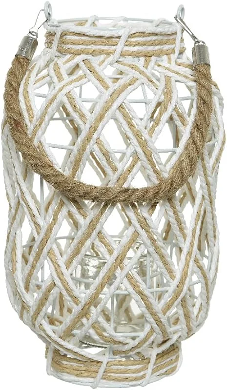 Marke: M- M- Windlicht Glas 30cm x 1 Stück mit Henkel aus Papierseil Teelicht Kerzenhalter Dekorative Laterne aus geflochtenem Seil mit Glas im Inneren Teelichthalter 18 x 30 cm — Kerzenlicht Abendessen