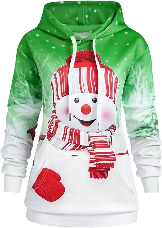 Marke: Generic Weihnachtspullover Damen 3D Hoodie Weihnachtspullover Große Größen Drucken Frauen Kapuzenpullover Sweatshirt Winter Schneemann Drucken Weihnachten Pullover mit Tasche Hoody — Weihnachtsmode
