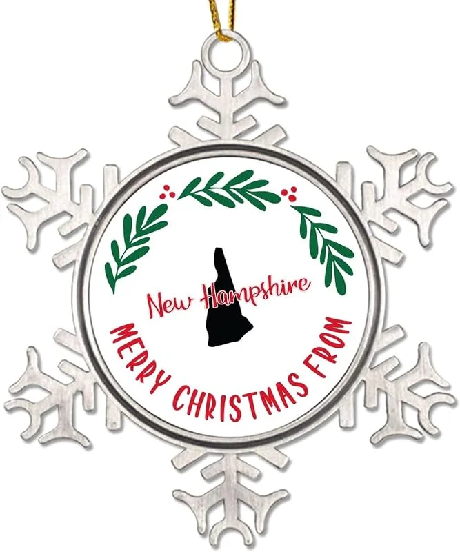 Marke: CowkissSign Merry Christmas From New Hampshire Weihnachtsdekoration für Kinder, American State USA States Schneeflocke Metall Weihnachtsbaum Andenken New Hampshire Weihnachtskranz Weihnachtsdekoration