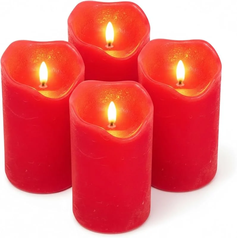 Besuche den ToCi-Store ToCi 4 x LED Kerzen Hellrot Ø 7, 5 x 10 cm – Flammenlose Echtwachskerzen mit Timer & schwarzem Docht - LED-Stumpenkerzen für Advent, Grablicht & Tischdeko - Batteriebetrieben — Weihnachtsbeleuchtung