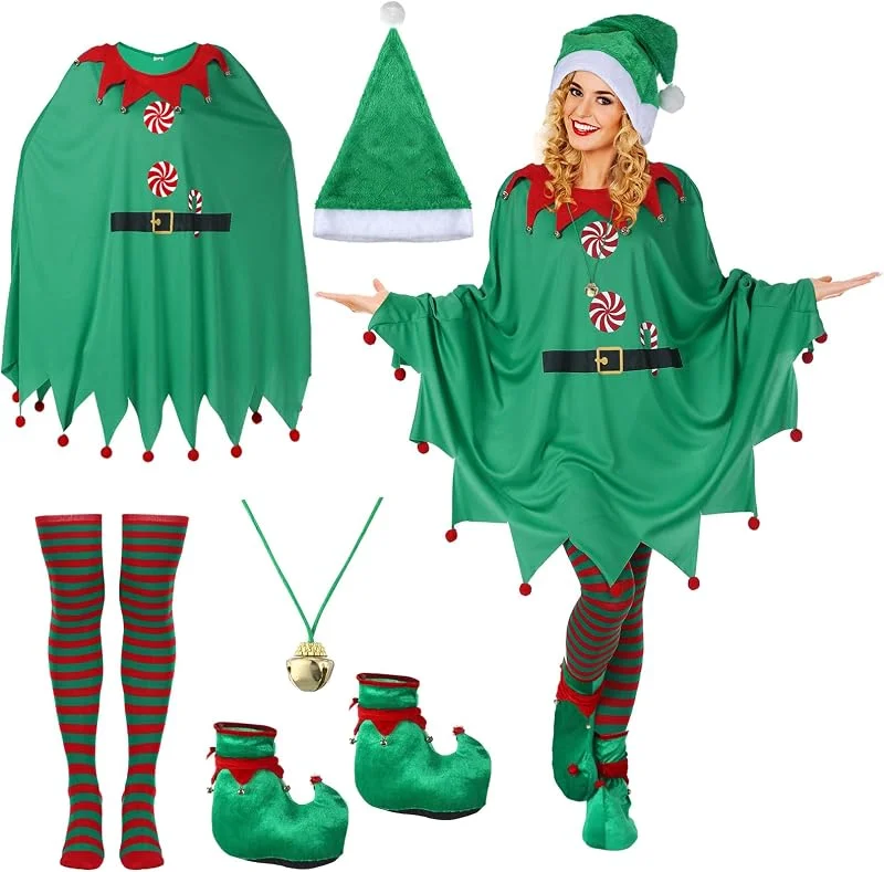 Marke: Berlune Berlune 7-teiliges Weihnachtselfen-Poncho-Kostüm für Damen und Erwachsene — Weihnachtsmode
