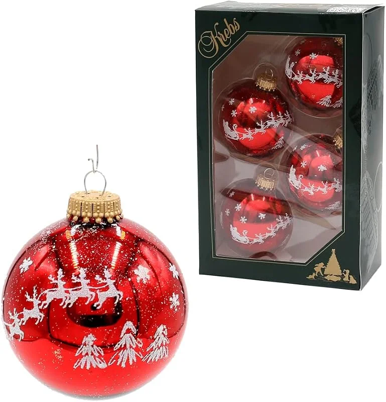 Besuche den Dekohelden24-Store Dekohelden24 Lauschaer Christbaumschmuck - 4er Set Christbaumkugeln in glänzend Rot, handdekoriert mit Glitter - Dekor Rentierschlitten, mit Goldkrönchen, Größe Ø ca. 7 cm — Weihnachtsdeko