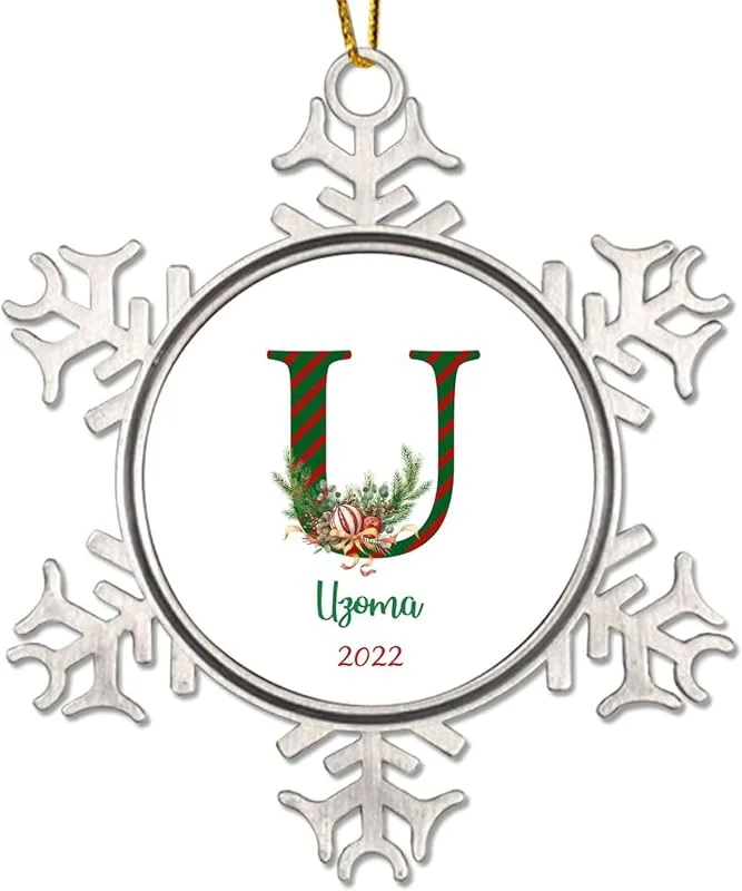 Marke: CowkissSign Monogramm Initiale Buchstabe U Ornamente für Weihnachtsbaum Benutzerdefinierte Weihnachtskranz Streifen Buchstabe Weihnachtsdekorationen Geschenk 7, 6 cm Weihnachten Metall Schneeflocke Ornament