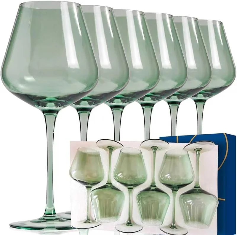 Marke: CLUSIVC Grünweingläser, 6er-Set, mundgeblasene Weingläser, Burgunderrot, 530 ml, bleifrei, perfektes Geschenk für Weinliebhaber, Bargläser-Sets für Zuhause, Hochzeit, Party — Wein und Festtafel