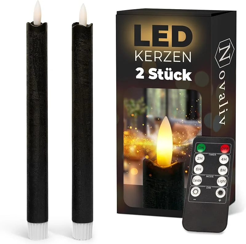 Besuche den Novaliv-Store Stabkerzen LED mit Timer SCHWARZ 2er indoor mit Timer Funktion 6 Stunden ECHTWACHS 23cm Höhe für Kerzen 2, 2cm Durchmesser 2 AAA Batterien notwendig LED Stabkerzen flackernde Flamme bewegliche Flamme — Advent und Tisch