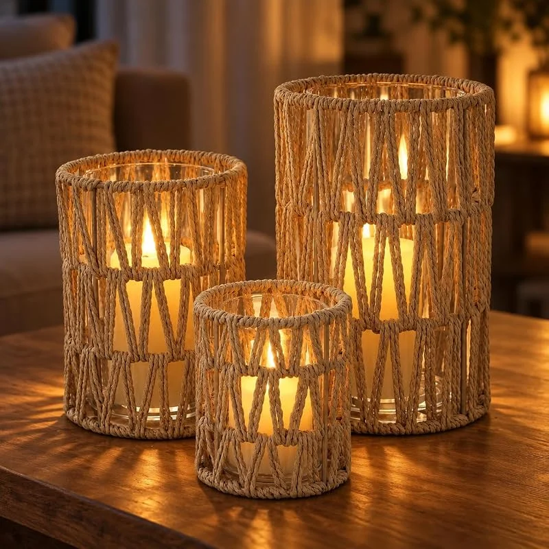 Marke: Baluue Rattan-Kerzenhalter, 3er-Set, gewebter Boho-Dekor-Stumpenkerzenhalter mit Glaszylindern, Weidenvase, Bauernhaus-Mittelstücke für Tische, Wohnzimmer, Terrasse — Kerzenlicht Abendessen