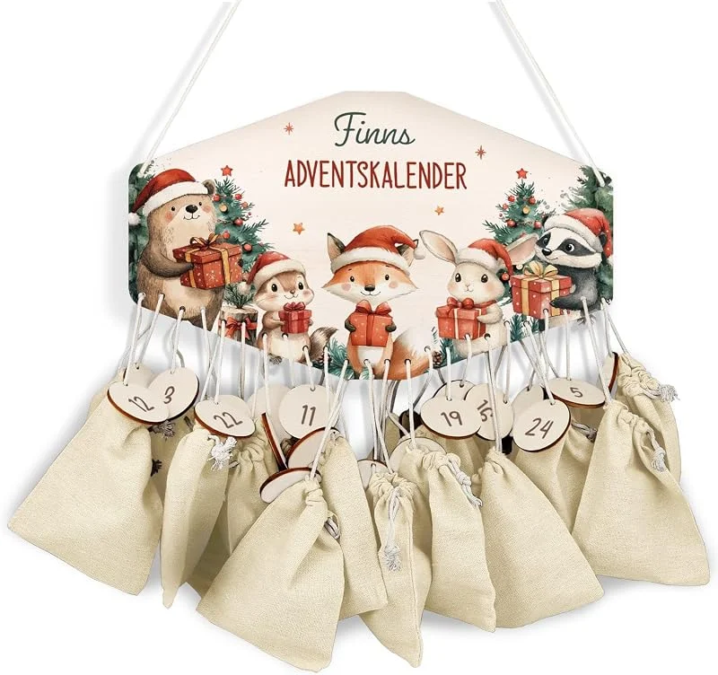 Besuche den GRAVURZEILE-Store GRAVURZEILE Adventskalender aus Holz - Geschenketiere - Personalisiert mit Namen - DIY Adventskalender für Kinder - Optional mit Leinensäckchen - Weihnachtsdeko für Kinderzimmer — Advent und Tisch